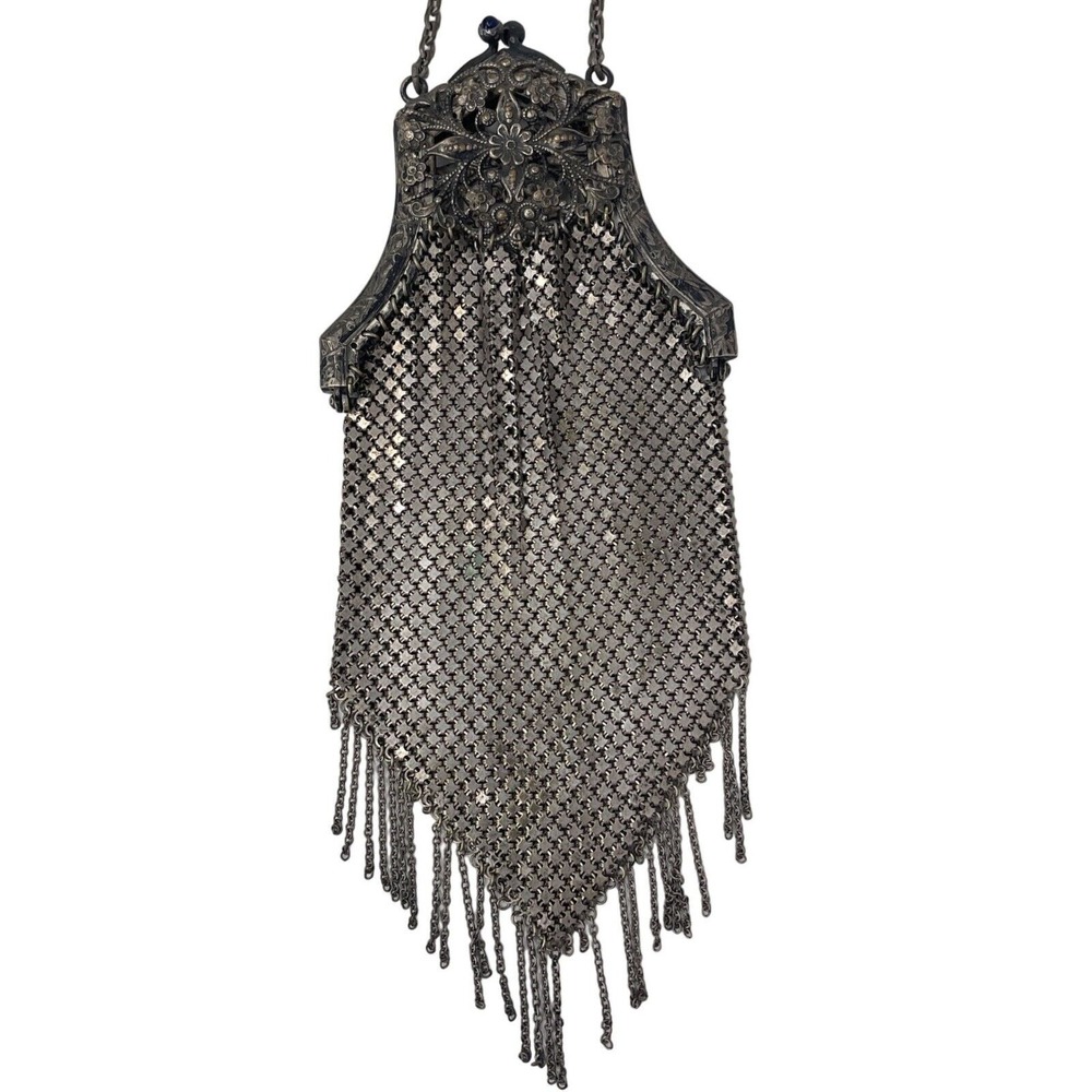 Chain Mail Mesh‎ Purse Cobalt Stone Kiss Clasp Fringed Flapper Evening Bag